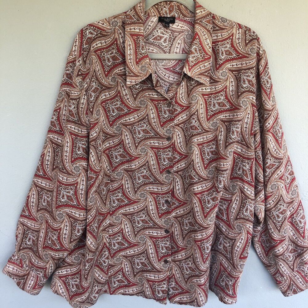 Talbots Silk Button Blouse Top 24W Brown Paisley Print Long Sleeve Quiet Luxury
